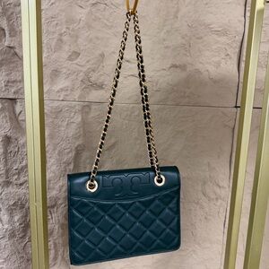 Tory Burch Teal Quilted Shoulder Bag with Chain Strap